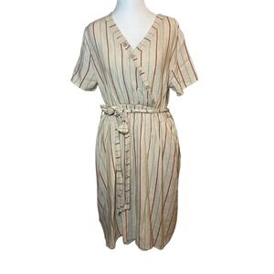 Lake Flower Striped Midi Dress Casual Button Front with Belt Size‎ L Linen Blend